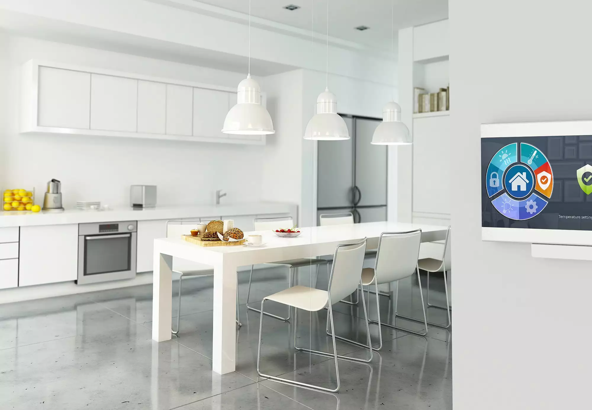 Bright Kitchen with Home Automation Station Panel on Wall