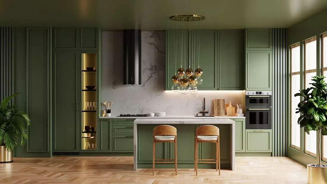 Modern Kitchen Area featuring Dark Green Cabinets