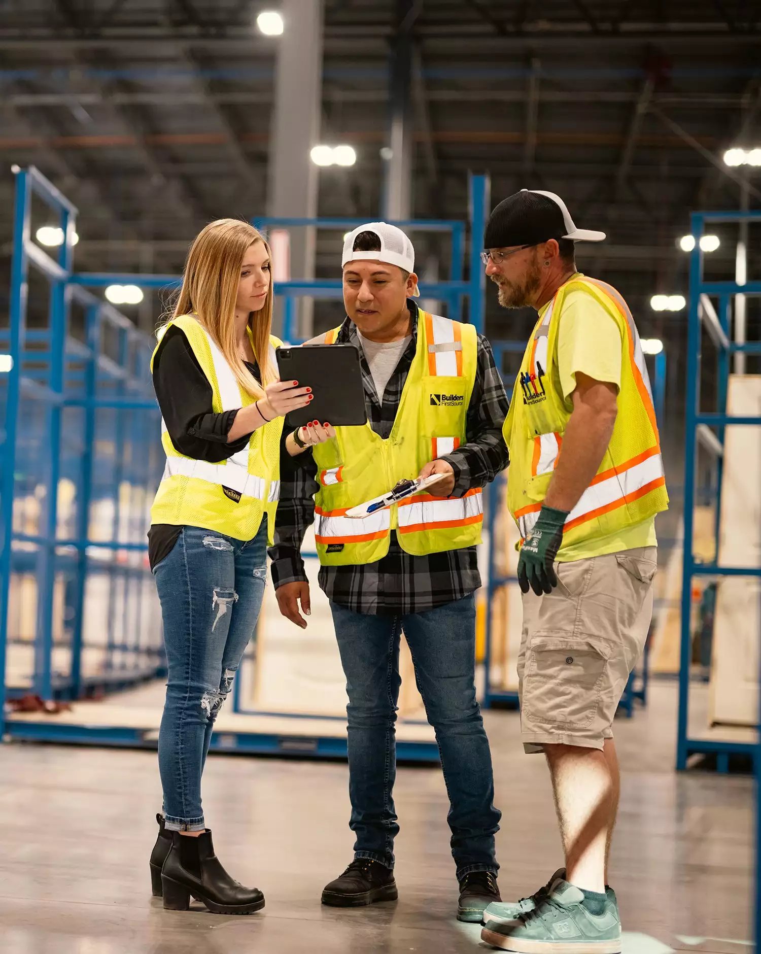 Three Workers in Warehouse Looking at a Tablet
